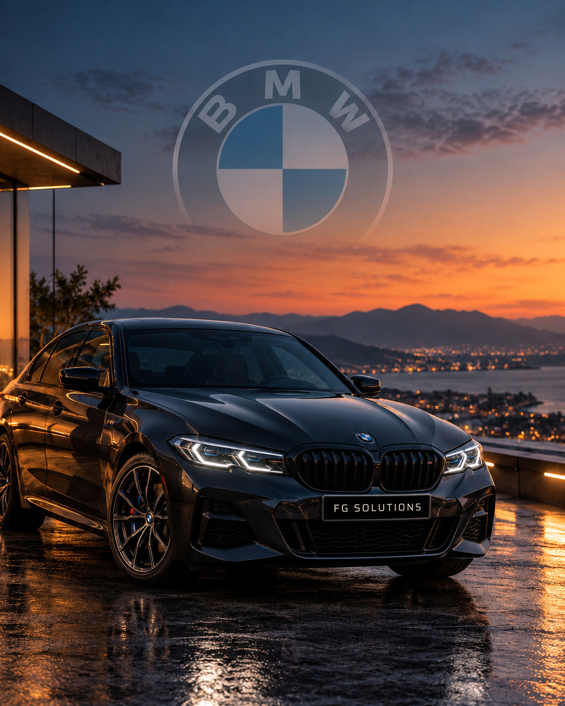 BMW noire, phares allumés, au coucher du soleil